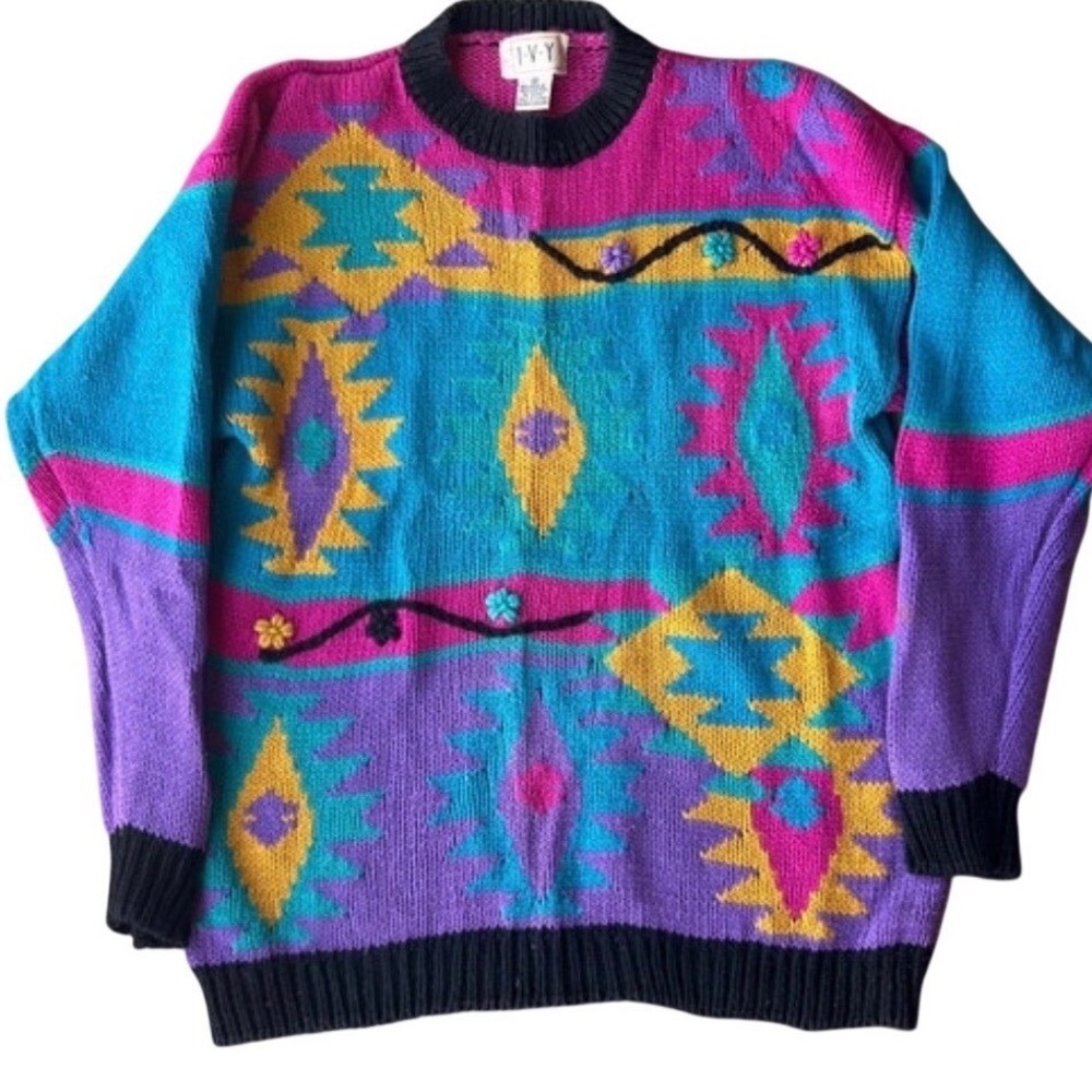 Vintage IVY Sweater Womens Medium 90s Geometric Southwestern Floral Knit Pink M